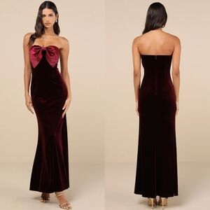 Lulus Dramatic Stunner Burgundy Velvet Bow Strapless Maxi Dress XL Wedding Party